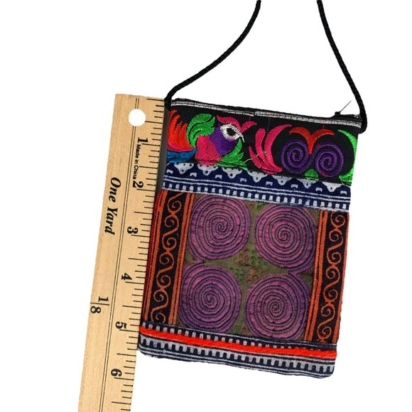 Hand Embroidered Handbag Purse Bird Flower Floral Swirl Bright Colors Multicolor - Picture 6 of 8